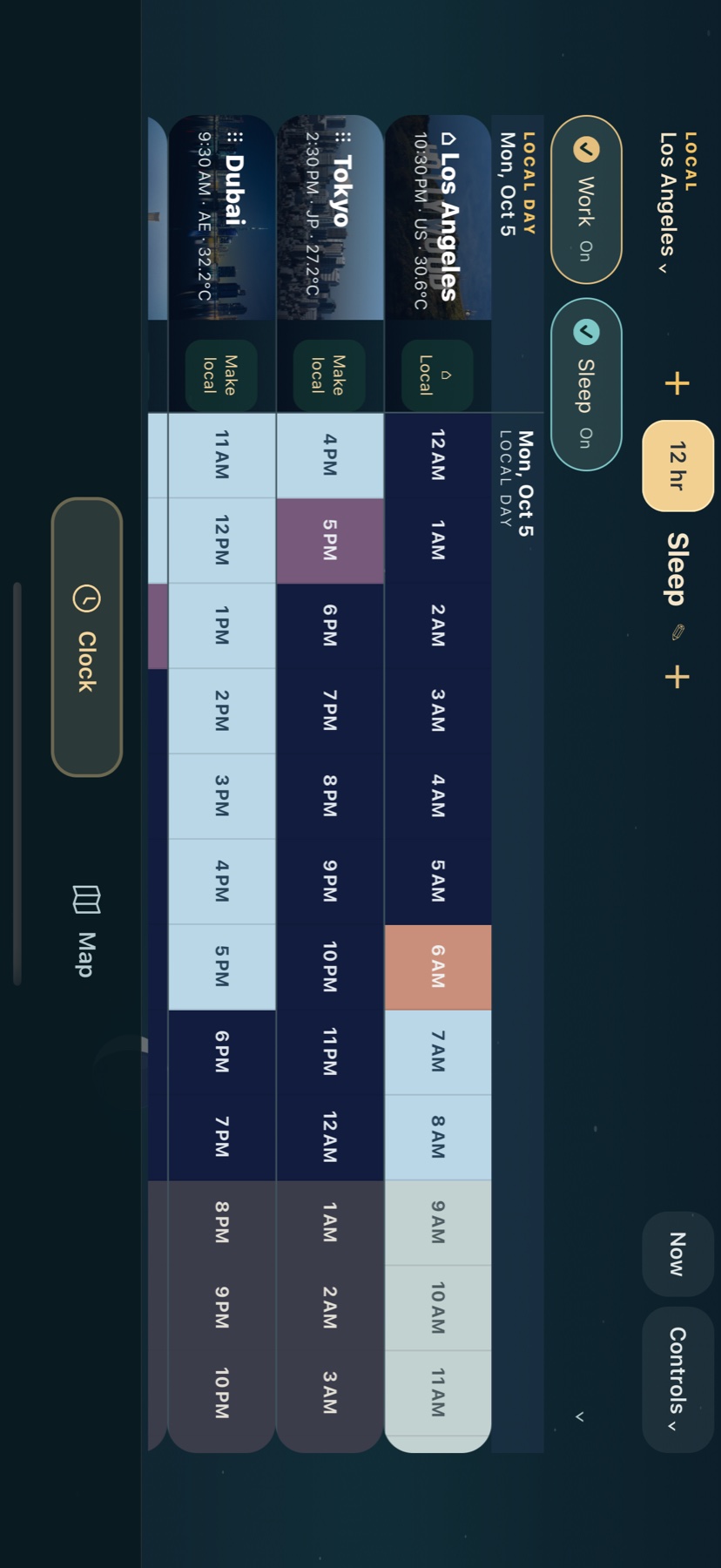 Landscape time bars aligning daylight and nighttime across Los Angeles, Tokyo, and Dubai