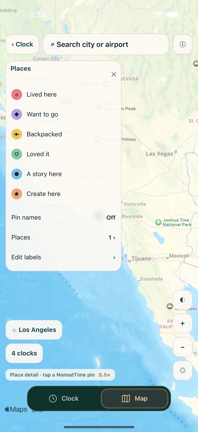 Places legend with colored labels including Lived here, Want to go, Backpacked, and Loved it