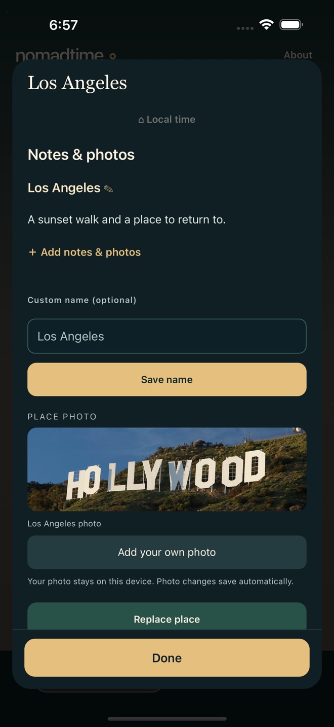 Los Angeles details with a saved sunset walk note