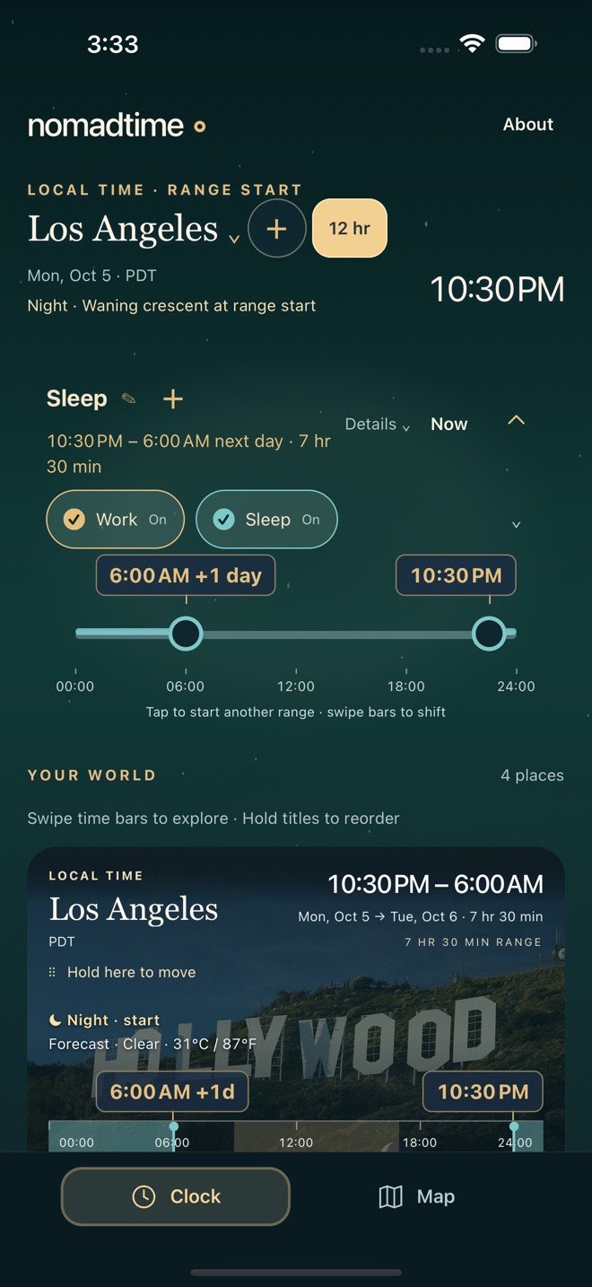 Saved Work and Sleep buttons above a 24-hour timeline, with Sleep spanning 10:30 PM to 6:00 AM